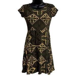 Tanoa Girls 14 Tribal Print Dress Olive Green Gold Short Sleeve Tribal Samoan